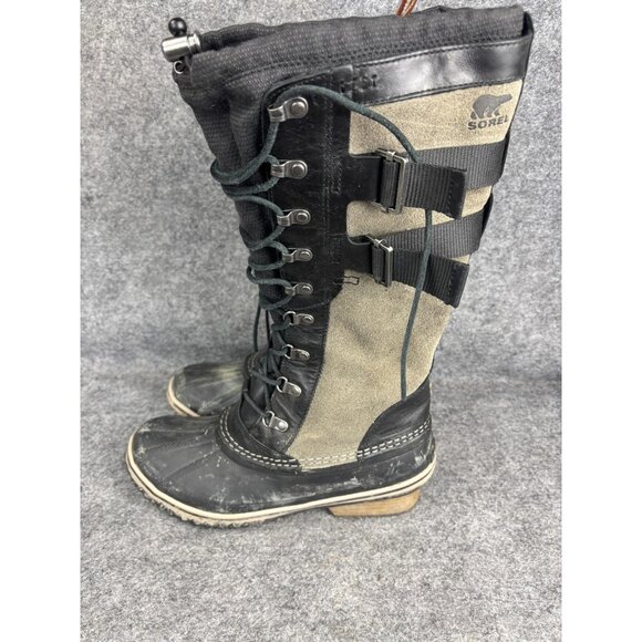 Sorel Boots Womens Size 9.5 Black Gray Conquest Wedge Tall Lace Up Waterproof - Picture 1 of 8